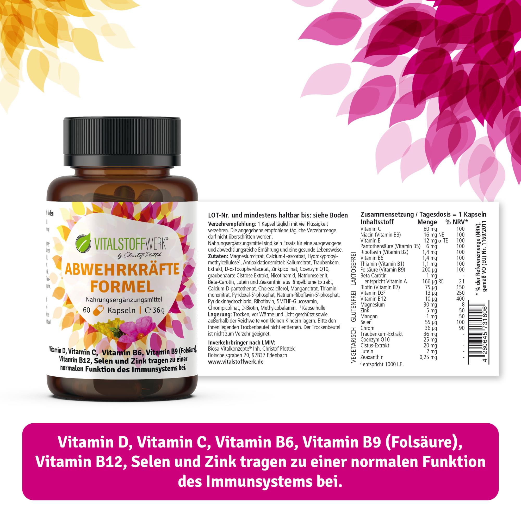Vitamin D Vitamin C Vitamin B6 Abwehrkräfteformel kaufen 60 Kapseln Etikett